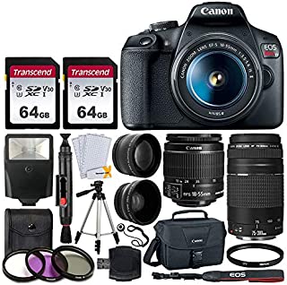 Canon EOS Rebel T7 DSLR Camera + EF-S 18-55mm f/3.5-5.6 is II + EF 75-300mm f/4-5.6 III Lens + Canon EOS Shoulder Bag + 2X 64GB Memory Card + 58mm Wide Angle & Telephoto Lens + Slave Flash + Tripod