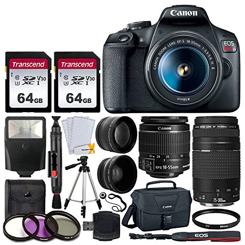 Canon EOS Rebel T7 DSLR Camera + EF-S 18-55mm f/3.5-5.6 is II + EF 75-300mm f/4-5.6 III Lens + Canon EOS Shoulder Bag + 2X 64GB Memory Card + 58mm Wide Angle & Telephoto Lens + Slave Flash + Tripod