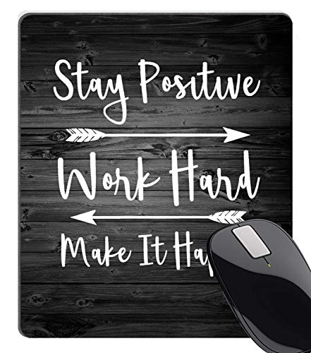 Wknoon Stay Positive Work Hard and Make It Happen Inspirational Quotes Mouse Pad Custom, Motivational Quote Rustic Black Old Wood Art White Mouse Pads