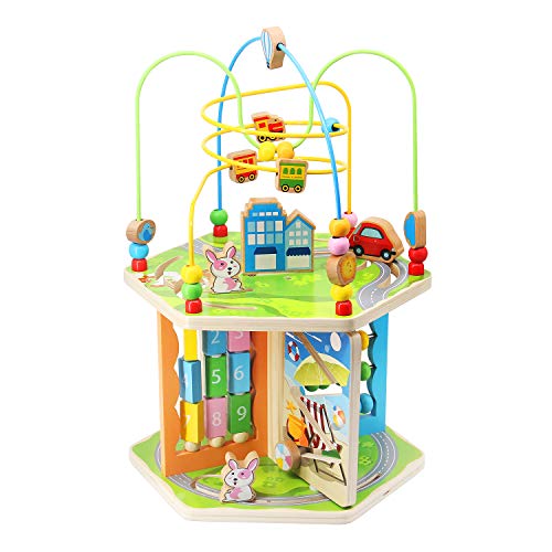 ZONXIE Wooden 7 in 1 Baby Activity Play Cube Bead Maze Toys Activity Center for Babies Toddlers Educational Early Preschool Learning Toys