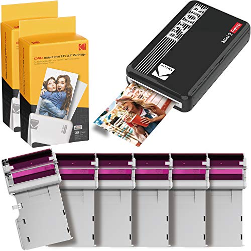 KODAK Mini 2 Retro Portable Instant Photo Printer, Wireless Connection, Compatible: iOS, Android & Bluetooth, Real Photo (2.1 x3.4), 4Pass & Lamination Process, Premium Quality- Black-60 Sheets