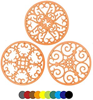 IYYI Silicone Trivet Mat Set of 3 Multi-Use Intricately Carved Hot Pot Trivets for Countertop & Table, Heat Resistant Non Slip Durable Potholder, Kitchen Mat (Orange)