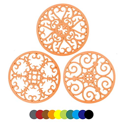 IYYI Silicone Trivet Mat Set of 3 Multi-Use Intricately Carved Hot Pot Trivets for Countertop & Table, Heat Resistant Non Slip Durable Potholder, Kitchen Mat (Orange)