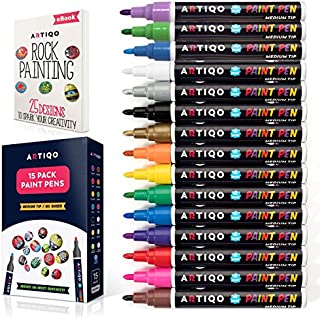 Paint pens for rock painting - Wood, Glass, Metal and Ceramic Works on almost all surfaces set of 15 Vibrant Medium tip Oil Paint Marker Pens, Quick Dry, Water Resistant