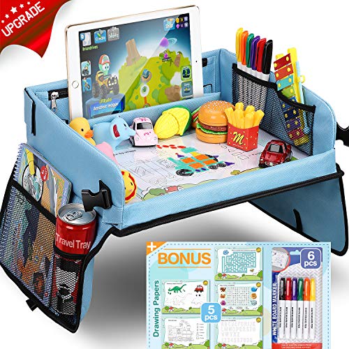 Upgraded Kids Travel Tray with Dry Erase Top Car Seat Travel Tray with 16 Organizer Pockets for Car Stroller Plane Bonus 5 Educational Drawing