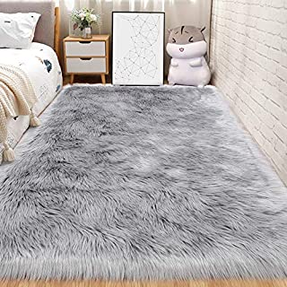 Andecor Soft Fluffy Faux Fur Bedroom Rugs 4 x 6 Feet Indoor Wool Sheepskin Area Rug for Girls Baby Living Room Chair Sofa Home Decor Floor Carpet, Grey