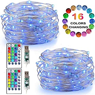 LED String Lights, 2 Set Multi Color Changing Fairy Lights USB Plug-in Lights Remote & Timer, 4 Modes Indoor Decorative Silver Wire Lights Bedroom Party Halloween Xmas (16ft, 16 Colors, 50 LEDs)