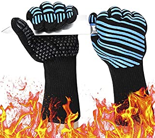 932 Extreme Heat Resistant BBQ Gloves, Food Grade Kitchen Oven Mitts - Flexible Oven Gloves, Silicone Non-slip Cooking Hot Glove for Grilling, Baking, Welding (Blue, Palm Width 4.9 in)