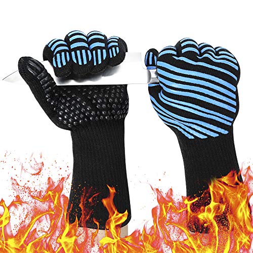 932 Extreme Heat Resistant BBQ Gloves, Food Grade Kitchen Oven Mitts - Flexible Oven Gloves, Silicone Non-slip Cooking Hot Glove for Grilling, Baking, Welding (Blue, Palm Width 4.9 in)