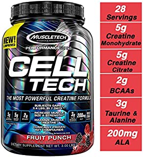 MuscleTech Cell Tech Creatine Monohydrate Formula Powder, HPLC-Certified, Improved Muscle Growth & Recovery, Fruit Punch, 30 Servings (3.09lbs)