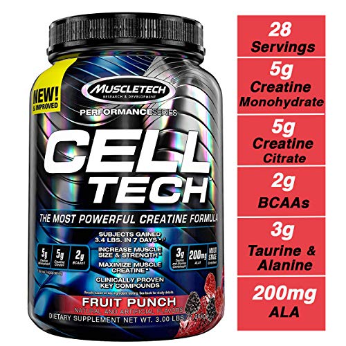 MuscleTech Cell Tech Creatine Monohydrate Formula Powder, HPLC-Certified, Improved Muscle Growth & Recovery, Fruit Punch, 30 Servings (3.09lbs)