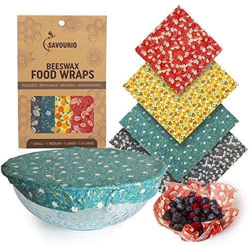 Reusable Beeswax Food Wrap Set  Zero Waste Food Storage Wraps Made of Organic Beeswax and Eco-Friendly Biodegradable Cotton Cloth  1 Each Small, Medium, Large and XL Sandwich Wraps & Bowl Covers