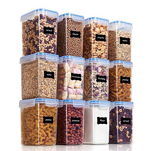 Vtopmart Airtight Food Storage Containers 12 Pieces 1.5qt / 1.6L- Plastic PBA Free Kitchen Pantry Storage Containers for Sugar, Flour and Baking Supplies - Dishwasher Safe - Include 24 Labels, Blue