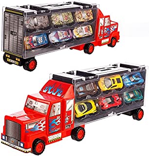 Tuko Car Toys Die Cast Carrier Truck Vehicles Toy for 3-12 Years Old Boy Girl Toy Gift(Includes 6 Alloy Cars,3 Animal Cars,3 Number Cars and Traffic Accessories) (Red)