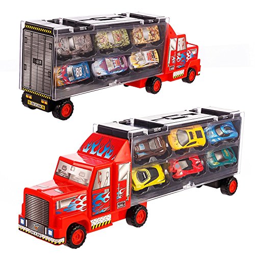 Tuko Car Toys Die Cast Carrier Truck Vehicles Toy for 3-12 Years Old Boy Girl Toy Gift(Includes 6 Alloy Cars,3 Animal Cars,3 Number Cars and Traffic Accessories) (Red)