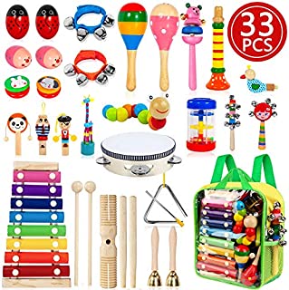 TAIMASI Kids Musical Instruments, 33PCS 18 Types Wooden Percussion Instruments Tambourine Xylophone Toys for Kids Children, Preschool Education Early Learning Musical Toy for Boys and Girls