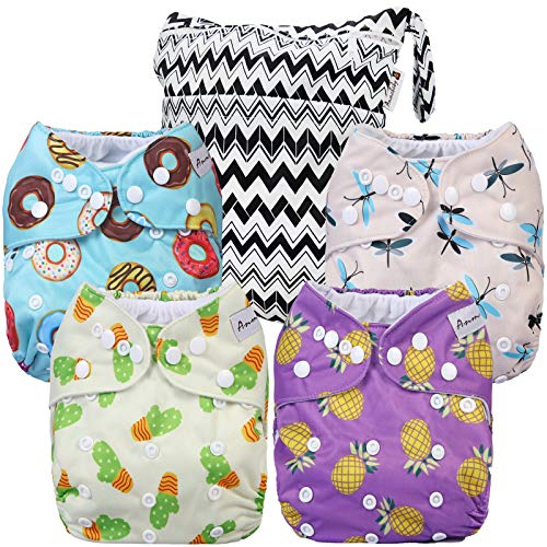 Anmababy 4 Pack Adjustable Size Waterproof Washable Pocket Cloth Diapers with 4 Inserts and Wet Bag(Purple)