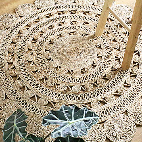 Round Jute Area Rug Woven Golden Leaf Handmade (5 Feet, Natural)