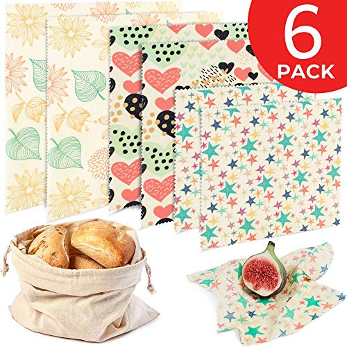 Reusable Beeswax Food Wrap 6 Pack  2L, 2M, 2S  Eco-Friendly Reusable Food Wrap - Saran Wrap Alternative for Food Storage, Bees Wax Wraps, Sustainable & Biodegradable Sandwich Wrapper