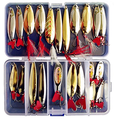 Victoronlineshop Fishing Lures Metal Spoons Hard Baits 22pcs Set Metal Fishing Lures Spinner Baits Fish Treble Hooks Tackle Salmon Bass