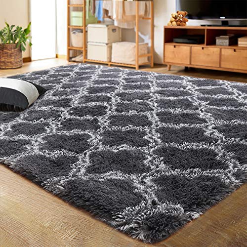 LOCHAS Luxury Velvet Shag Area Rug Modern Indoor Plush Fluffy Rugs, Extra Soft and Comfy Carpet, Geometric Moroccan Rugs for Bedroom Living Room Girls Kids Nursery, 5x8 Feet Dark Grey/White