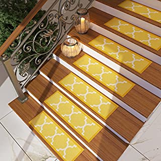 [Set of 7] Gold Yellow Stair Tread Rugs | Modern Design Trellis Lattice Carpet Pads [Easy to Clean] Rubber Non-Slip Non-Skid Backing | Nylon Low Pile 9