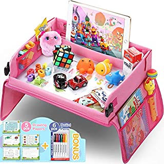 Upgraded Kids Travel Tray with Dry Erase Top Car Seat Travel Tray Bonus Educational Drawing Car Seat Activity Tray with 16 Organizer Pockets Snack Lap Tray Pink for Car Stroller Plane