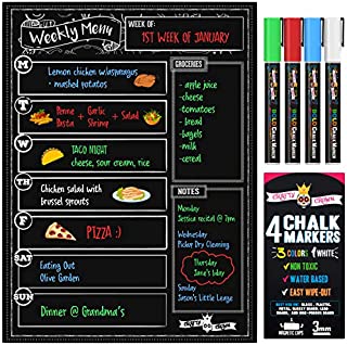 Magnetic Dry Erase Menu Board for Fridge Includes 4 Liquid Chalk Markers - Weekly Meal Planner Blackboard, Grocery List and Notepad for Kitchen Refrigerator - Chalkboard Magnet