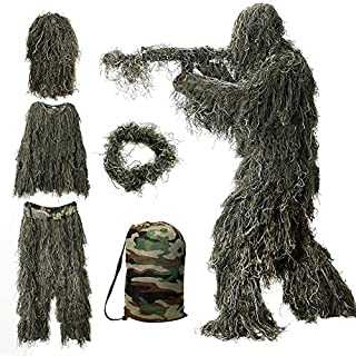 MOPHOTO 5 in 1 Ghillie Suit, 3D Camouflage Hunting Apparel Including Jacket, Pants, Hood, Rifle Wrap, Carry Bag Suitable for Unisex Kids/Children