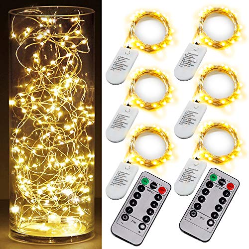 6PCS Fairy String Warm White Changing Twinkle Lights with 2 PCS Remote, 6.5ft 20 LED's,CR2032 Battery Powered, Indoor Decorative Silver Wire Bedroom,Patio,Outdoor Garden,Stroller