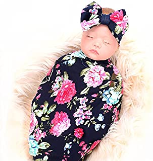 Newborn Receiving Blanket Headband Set Flower Print Baby Swaddle Receiving Blankets ga