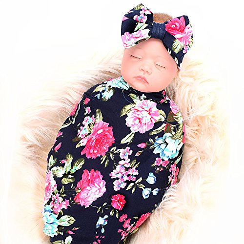 Newborn Receiving Blanket Headband Set Flower Print Baby Swaddle Receiving Blankets ga