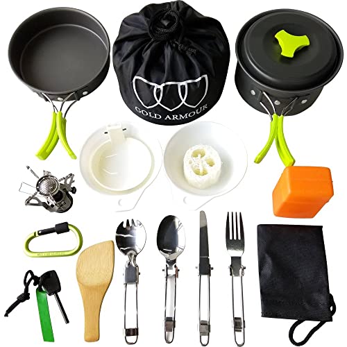 Gold Armour 17Pcs Camping Cookware Mess Kit Backpacking Gear & Hiking Outdoors Bug Out Bag Cooking Equipment Cookset