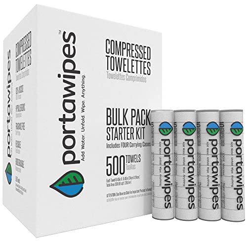 Portawipes Compressed Toilet Paper Tablet Coin Tissues - 500 Bulk Starter Pack with 4 Carrying Cases