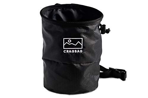 Cragbag Rock Climbing Chalk Bag Made with Lightweight Nylon Material, Belt Strap, Elastic Brush Holder, Carabiner Loop, Anti-Leak Closure System, and Large Zipper Pocket for Cell Phone and Keys