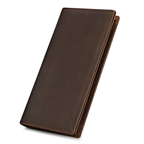 Kattee Men's Vintage Genuine Leather Long Wallet for Checkbook, Credit Cards (Large, Dark Brown)