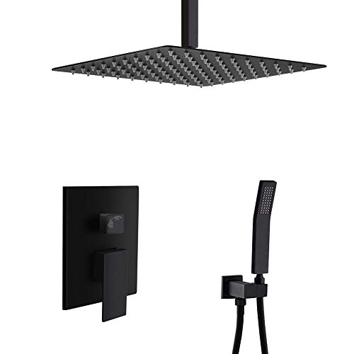 STARBATH SS02FCB 12 Inch Ceiling Mounted Shower System with Rain ShowerHead and Handheld Shower Head, Shower Faucet Rough-in Mixer Valve and Trim Included Shower Combo Set, Matte Black