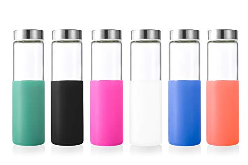 Sursip 20Oz Borosilicate Glass Water Bottle, Reusable Drinking Bottles with Stainless Steel Lid and Silicone Sleeves - BPA Free (Summer Large Mouth 6Pack)