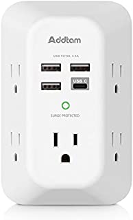 USB Wall Charger, Surge Protector, 5 Outlet Extender with 4 USB Charging Ports ( 1 USB C Outlet, 4.5A Total) 3-Sided 1800J Power Strip Multi Plug Outlets Wall Adapter Spaced for Home Travel Office