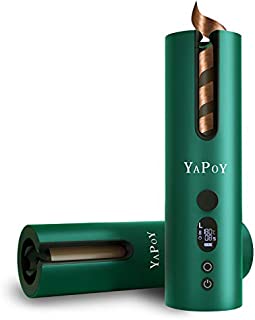 YAPOY Hair Curler Cordless Automatic Curling Iron Tongs Electric Rotating with Battery Heat Isolating Chamber LCD Temperature Control Timer Settings Green