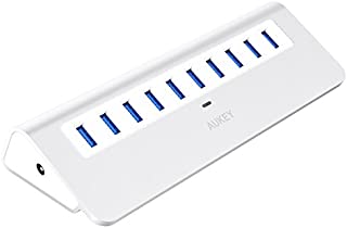 AUKEY Powered USB Hub, Aluminum 10 Port USB 3.0 Data Hub with 12V/3A Power Adapter, 3.3ft USB Cable for MacBook Air, Mac Mini, iMac, Laptop, PC, USB Flash Drives, HDD Hard Drive (Silver)