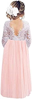 2Bunnies Girl Peony Lace Back A-Line Straight Tutu Tulle Party Flower Girl Dresses (Pink Sleeve Maxi, 7/8)