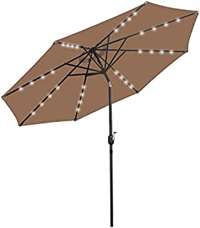 SUPER DEAL 10FT Solar LED Lighted Patio Umbrella Table Umbrella - Push Button - Tilt Adjustment&Crank Lift System - Aluminum Ribs for Patio, Garden, Backyard, Deck, Poolside, and more (Tan)