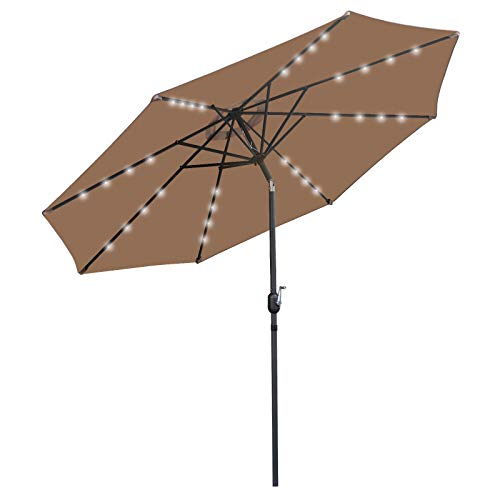 SUPER DEAL 10FT Solar LED Lighted Patio Umbrella Table Umbrella - Push Button - Tilt Adjustment&Crank Lift System - Aluminum Ribs for Patio, Garden, Backyard, Deck, Poolside, and more (Tan)