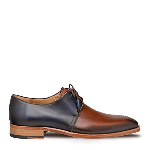 Mezlan Montes - Mens Luxury Lace-Up Dress Shoes - Classic 2-Eyelet Plain Toe Blucher with Two-Toned Hand-Burnished Italian Calfskin Leather - Handcrafted in Spain - Medium Width (Cognac/Blue, 10)