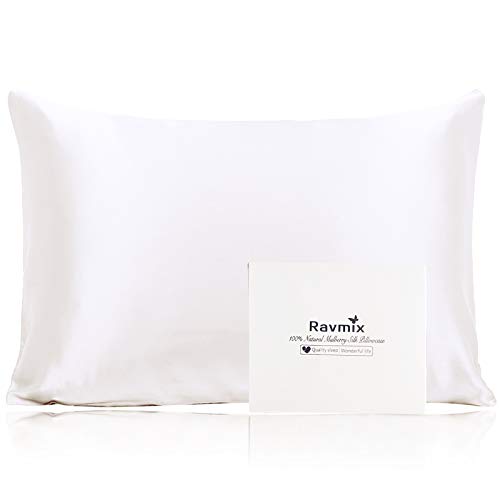 Ravmix Silk Pillowcase for Hair and Skin Standard Size with Hidden Zipper, Both Sides 21 Momme 600TC Hypoallergenic 100% Mulberry Silk Pillow Case, 20×26inches, 1PCS, Ivory White