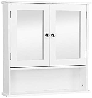 YAHEETECH Bathroom Medicine Cabinet Wall Mount Mirror Cabinet with Double Doors and Adjustable Shelf, Wooden Storage Cabinets Organizer for Kitchen, Accent Home Furniture, White