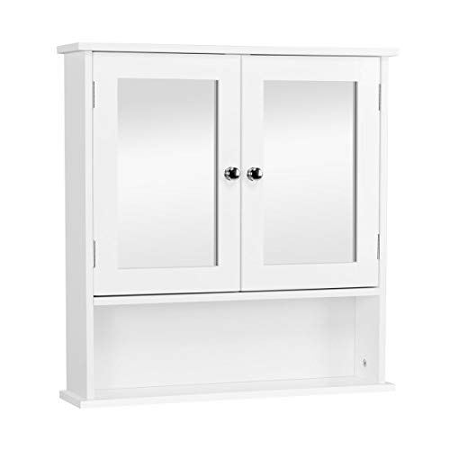 YAHEETECH Bathroom Medicine Cabinet Wall Mount Mirror Cabinet with Double Doors and Adjustable Shelf, Wooden Storage Cabinets Organizer for Kitchen, Accent Home Furniture, White