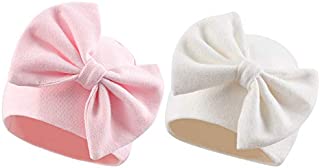 Newborn Baby Girl Hat Cotton Baby Bow Beanie Spring Infant Hats for Girls 0-6Months (White+Pink, 0-6 Months)