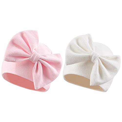 Newborn Baby Girl Hat Cotton Baby Bow Beanie Spring Infant Hats for Girls 0-6Months (White+Pink, 0-6 Months)